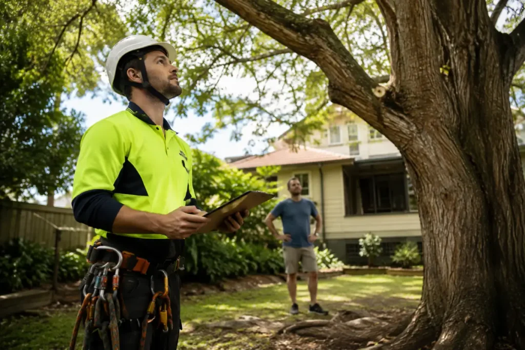 Arborist inspecting a tree in a Brisbane backyard before providing a quote