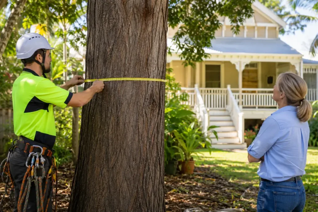 Arborist measuring a tree in a Brisbane backyard before providing a cost quote