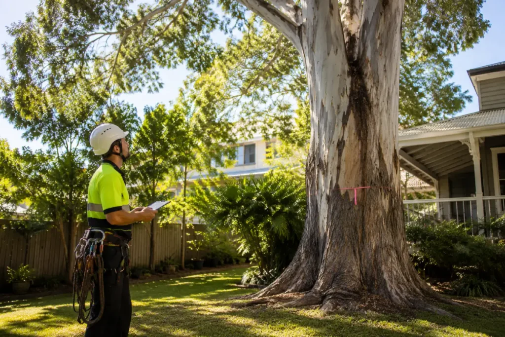Arborist inspecting a large tree in a Brisbane backyard before removal